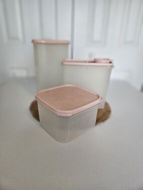 TitleVintage Tupperware Storage Container Set Pink Lids Made in USA 3pc